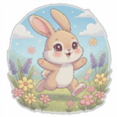 Sticker Lapin mignon sautant dans un champ de fleurs (Devant)