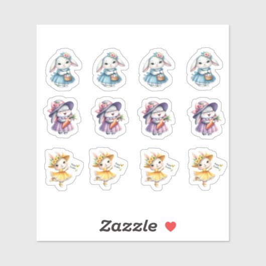 Sticker Lapins De Pâques En Jolies Robes (Feuille)