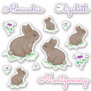 Sticker Lapins et fleurs mignons personnalisés en queue de