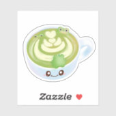 Sticker Latte De Thé Vert Matcha Chaud Avec Cute Frogs (Feuille)