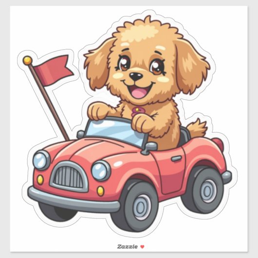 Sticker Le caniche de Kawaii dans une voiture jouet (Feuille)