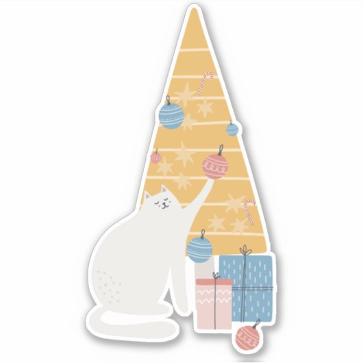 Sticker Le chat blanc joue avec l'arbre de Noël (Devant)