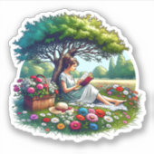 Sticker Lecture de fille sous un arbre entouré de fleurs (Devant)