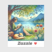 Sticker Lecture d'un livre sous un arbre avec un chat endo (Feuille)