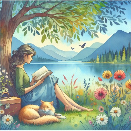 Sticker Lecture d'un livre sous un arbre avec un chat endo (Devant)