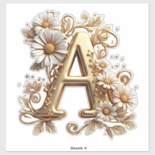 Sticker Lettre A dorée luxueuse avec motif de marguerites
