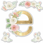Sticker LETTRE E Rose initial d'or brillant Floral Aquarel (Devant)