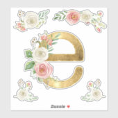 Sticker LETTRE E Rose initial d'or brillant Floral Aquarel (Feuille)