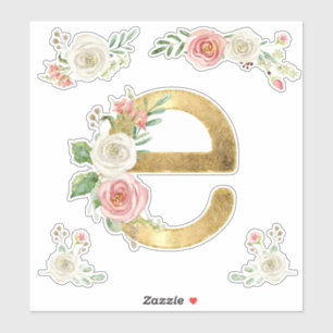 Sticker LETTRE E Rose initial d'or brillant Floral Aquarel