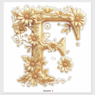 Sticker Lettre F dorée élégante avec embellissements flora