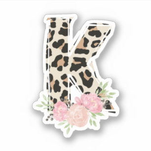 Sticker Lettre florale K Nom initial Leopard Cheetah Impri