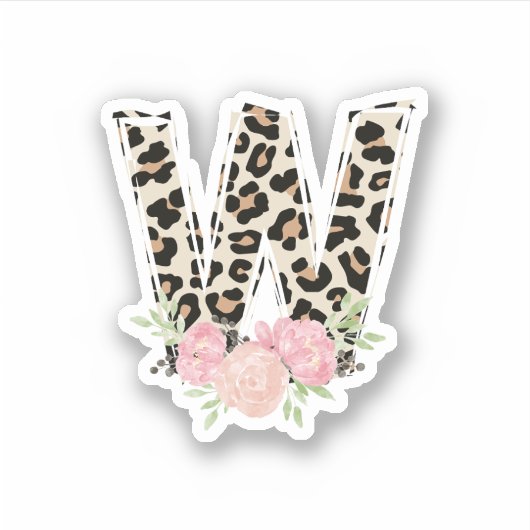 Sticker Lettre Florale W Nom initial Leopard Cheetah Impri (Devant)