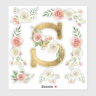 Sticker LETTRE MONOGRAPHIQUE S Rose Rose Floral Feuille Aq