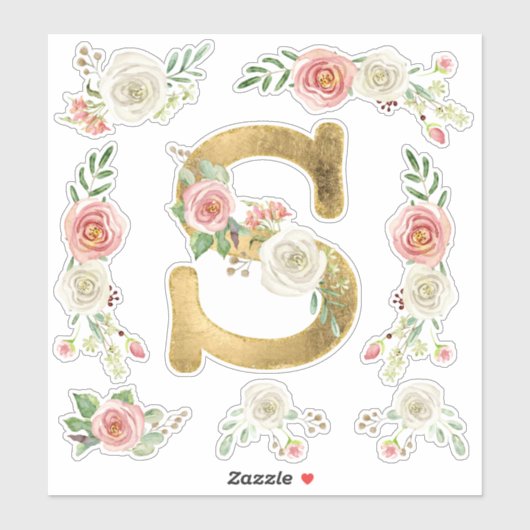 Sticker LETTRE MONOGRAPHIQUE S Rose Rose Floral Feuille Aq (Feuille)