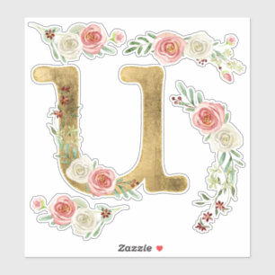 Sticker LETTRE MONOGRAPHIQUE U Rose Rose Floral Feuille Aq