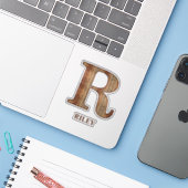 Sticker Lettre R texture bois avec nom personnalisé Sticke (Ordinateur portable avec iPhone)