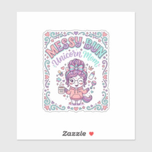 Sticker Licorne Bun Messy Licorne Maman Rétro Style Graphi