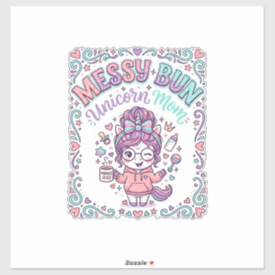 Sticker Licorne Bun Messy Licorne Maman Rétro Style Graphi