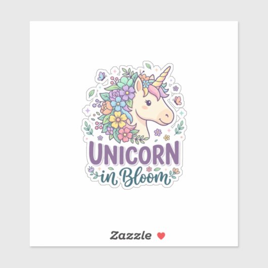 Sticker Licorne en fleurs, typographie gras, impression à (Feuille)