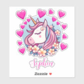 Sticker Licorne Mignonne, Cœurs Roses & Fleurs, Nom Person (Feuille)