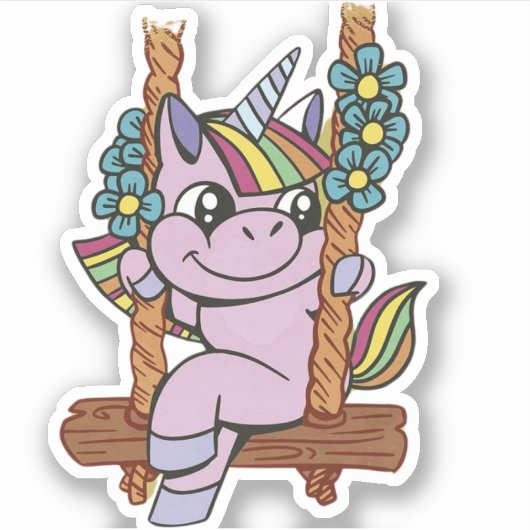 Sticker licorne sur une balançoire, unicorne mignonne, uni (Devant)