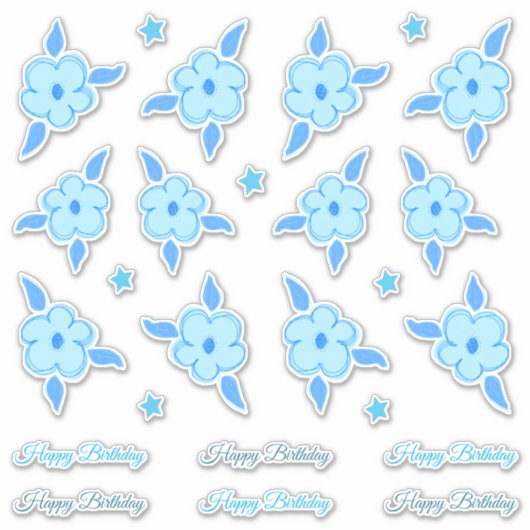 Sticker Little Happy Birthday Blue Flowers and Stars (Devant)