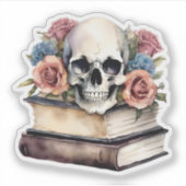 Sticker Livres vintages avec crâne gothique et fleurs (Devant)