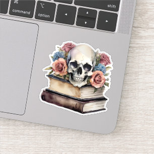 Sticker Livres vintages avec crâne gothique et fleurs