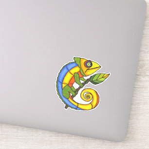 Sticker Lizard souriant coloré sur la feuille verte avec b