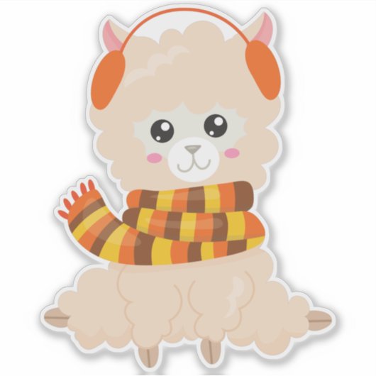 Sticker Llama D'Automne, Llama Mignonne, Llama Avec Écharp (Devant)