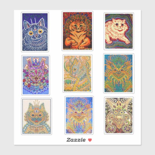 Sticker Louis Wain, 9 Peintures Psychédéliques Sur Chat, (Feuille)