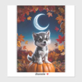 Sticker Loup adorable avec Crescent Moon Halloween Art (Feuille)