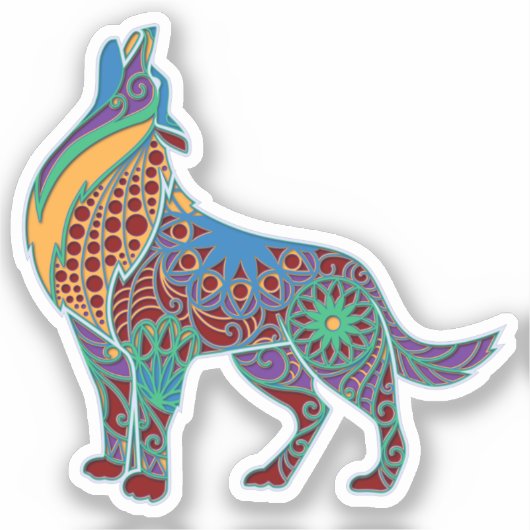 Sticker Loup Coloré animal Mandala (Recto)