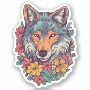 Sticker Loup Coloré Avec Fleurs Wolf Lover