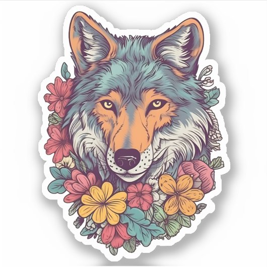 Sticker Loup Coloré Avec Fleurs Wolf Lover (Devant)
