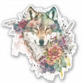 Sticker Loup d'aquarelle avec fleurs dans la nature Bâton  (Devant)