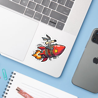 Sticker Loup de dessin animé drôle sur une fusée autocolla