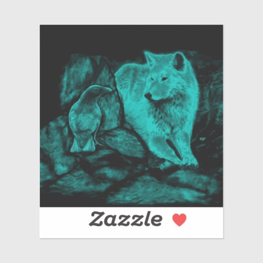 Sticker Loup et corbeau dans la nuit (Feuille)