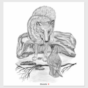 Sticker Loup et corbeau - Design noir et blanc