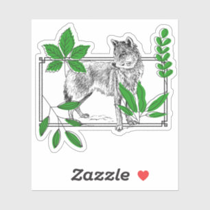 Sticker Loup sauvage & Feuilles vertes - Art de la nature