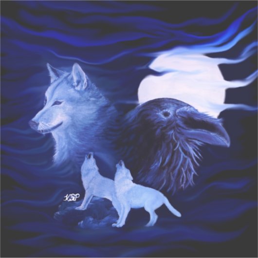 Sticker Loups et corbeau avec pleine lune (Devant)