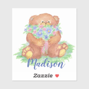 Sticker L'ours de nounours mignon d'aquarelle fleurit le