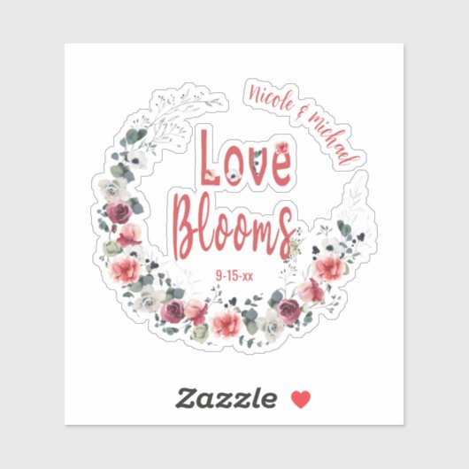 Sticker Love Blooms Personnalisée Mariée Groom Mariage Dat (Feuille)
