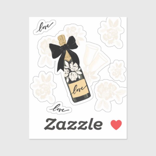 Sticker Love Champagne Bouteille Noir Bow (Feuille)