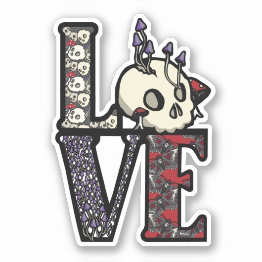 Sticker Love Skulls & Mushrooms (Devant)