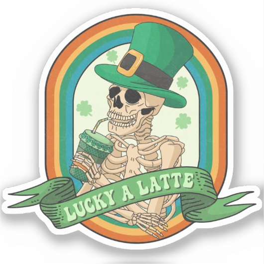 Sticker Lucky A Latte - Squelette, Café et Cloches (Recto)