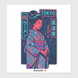 Sticker Lueur de Tokyo Geisha dans les rues néon