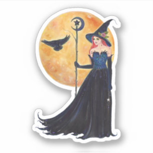 Sticker Lune de sorcière et corbeau d'Halloween par Renee
