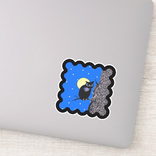 Sticker Lune Étoile Chouette Noire Assise dans l'Arbre Bor (Détail)