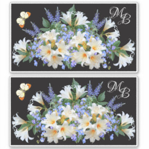 Sticker Lys blancs et fleurs de veronica bleue Monogramme